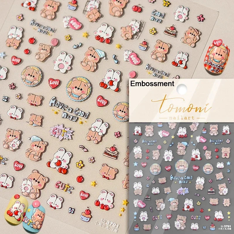 Retro Love Heart White Lace flower Bowknot Tie Pink Bear Flower Strawberry Adhesive Nail Art Stickers Rhinestone Manicure Decals (ONLINE ORDER ONLY)