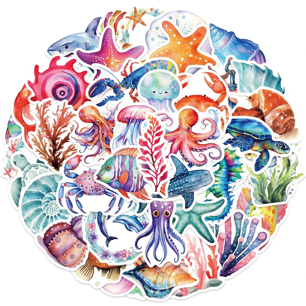10/30/50/100pcs Funny Marine Organism Jellyfish Dolphin Cartoon Stickers Notebook Laptop Phone Suitcase Decoration Sticker Toys (ONLINE ORDER ONLY)