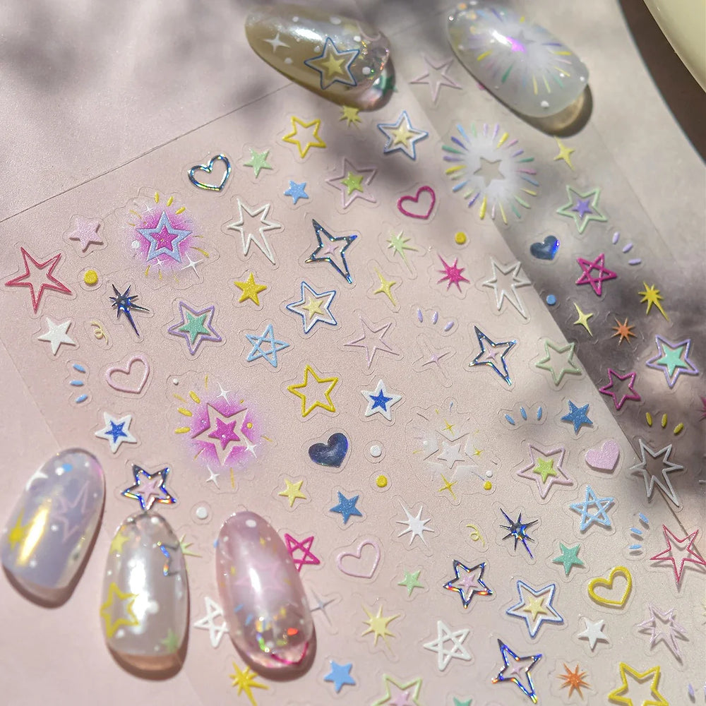 Colorful Starry Light Starburst Love Heart Halo Dyeing Soft Reliefs Self Adhesive Nail Art Decoration Stickers Manicure Decals (ONLINE ORDER ONLY)