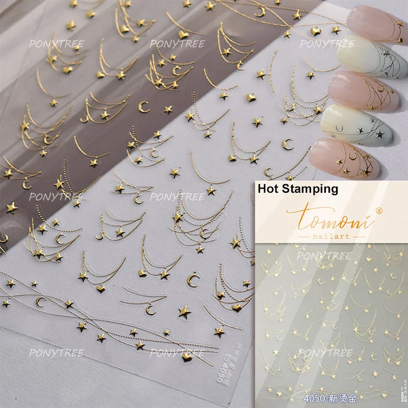 Star Moon Love Heart Curved Line Arc Dreamy Necklace Hanging in The Air Starry Night Adhesive Nail Art Stickers Manicure Decals (ONLINE ORDER ONLY)