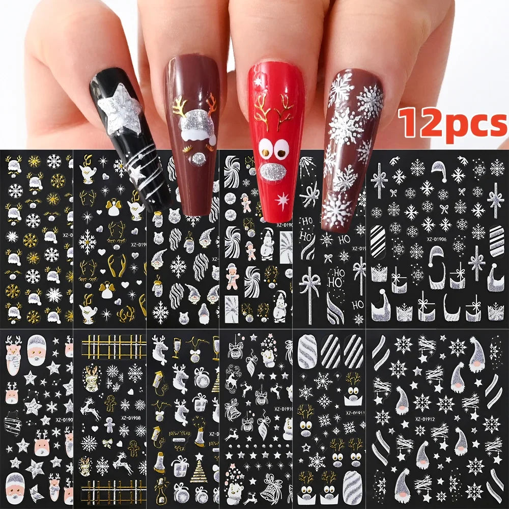 6pcs/Set Blue Gold Glitter French Design 5D Nail Stickers Curve Lines Swirls Wave Nail Sliders Reflective Flakes Decals Manicure (ONLINE ORDER ONLY)