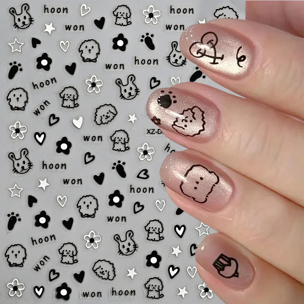 1Pc 3D Cute Black Silver Smile Dog Decals Y2K Cartoon Cat Footprint Nail Stickers Graffiti Star Heart DIY Manicure Slider Decor* (ONLINE ORDER ONLY)