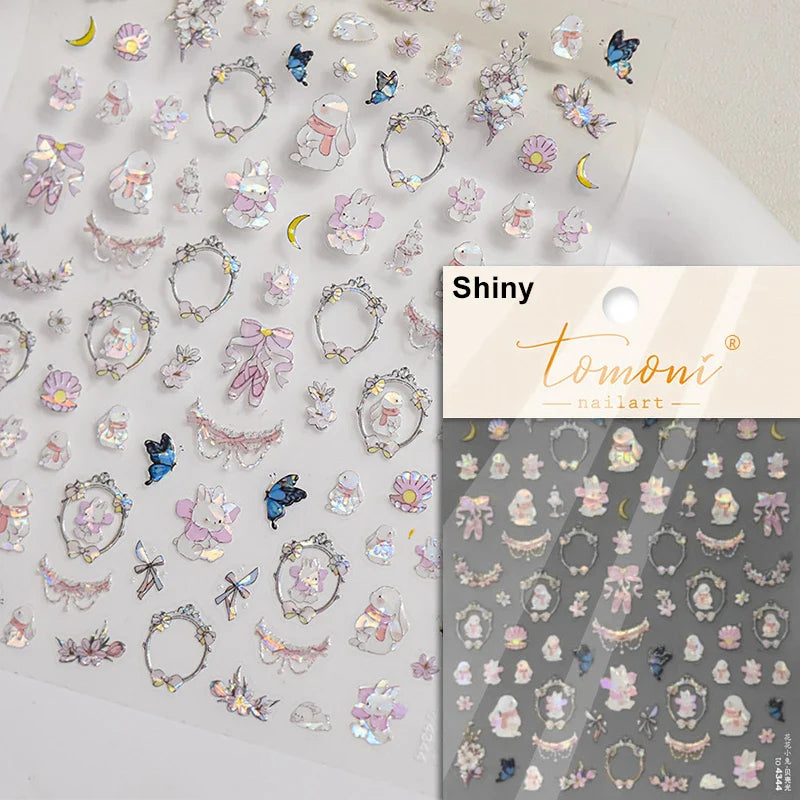 Pink Running Rabbit Bowknot Wreath Bunny Flower Tie Totem Pattern Self Adhesive Nail Art Sticker Pearl Rhinestone Manicure Decal (Online Order Only)