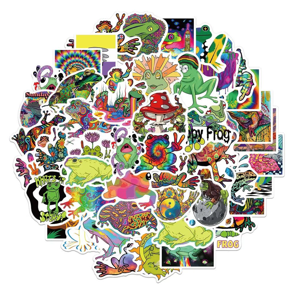 50PCS Cartoon Colorful Psychedelic Frog Stickers Aesthetics Laptop Guitar Luggage Phone Graffiti Sticker Decal Kid Toy (ONLINE ORDER ONLY)