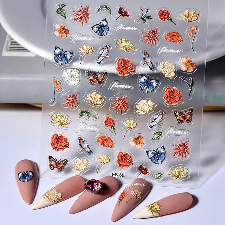 Red Plum Blossom Flower Chinese 3D Self Adhesive Nail Art Decoration Stickers Cheongsam Iris Lily Lotus Vase 5D Manicure Decals (ONLINE ORDER ONLY)