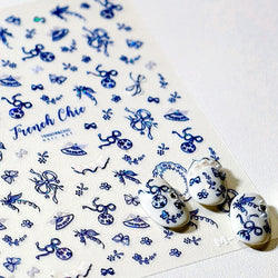 French Chic Blue Line Bowknot Fan Flower Leaves Butterfly Lace Frame Bell Shiny Self Adhesive Nail Art Stickers Manicure Decals (ONLINE ORDER ONLY)
