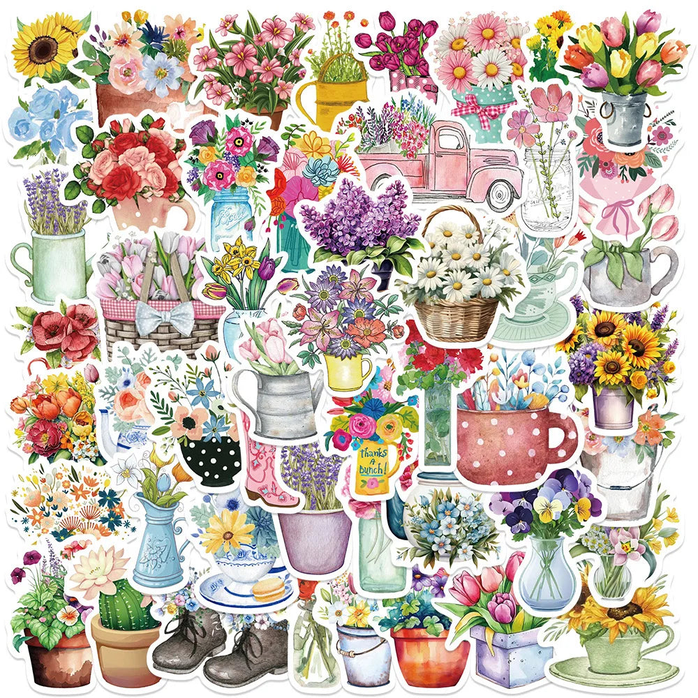 10/50Pcs Ins Style Fresh Bottle Potted Plant Flower Stickers Aesthetic DIY Laptop Guitar Luggage Waterproof Graffiti Sticker Toy (Online Order Only)