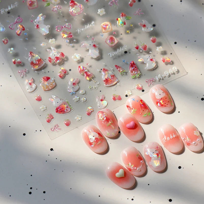 Cute White Rabbit Bunny Strawberry Flower Pudding Star Bowknot Fruit Delicate Adhesive Nail Art Sticker Charming Manicure Decal (Online Order Only)