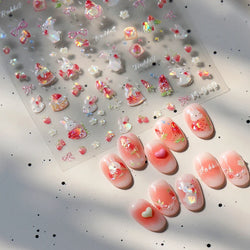 Cute White Rabbit Bunny Strawberry Flower Pudding Star Bowknot Fruit Delicate Adhesive Nail Art Sticker Charming Manicure Decal (Online Order Only)