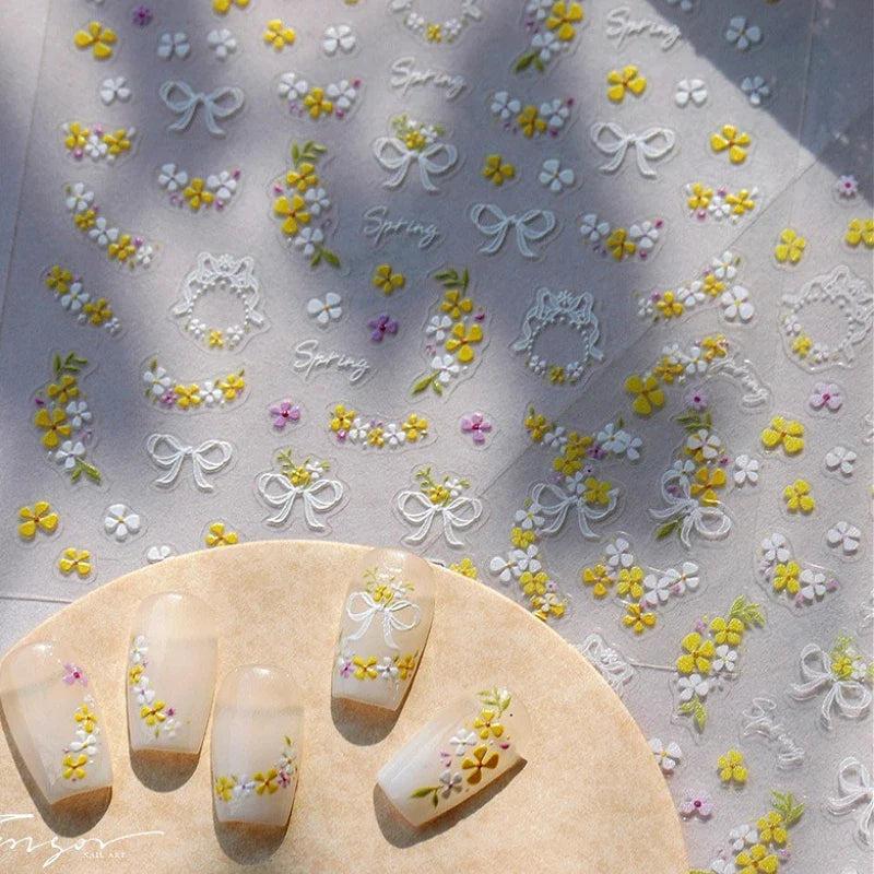 Yellow Purple Mini Flower White Lace Bowknot Flower Bouquet Spring 5D  Adhesive Nail Art Decoration Stickers DIY Manicure Decals (ONLINE ORDER ONLY)