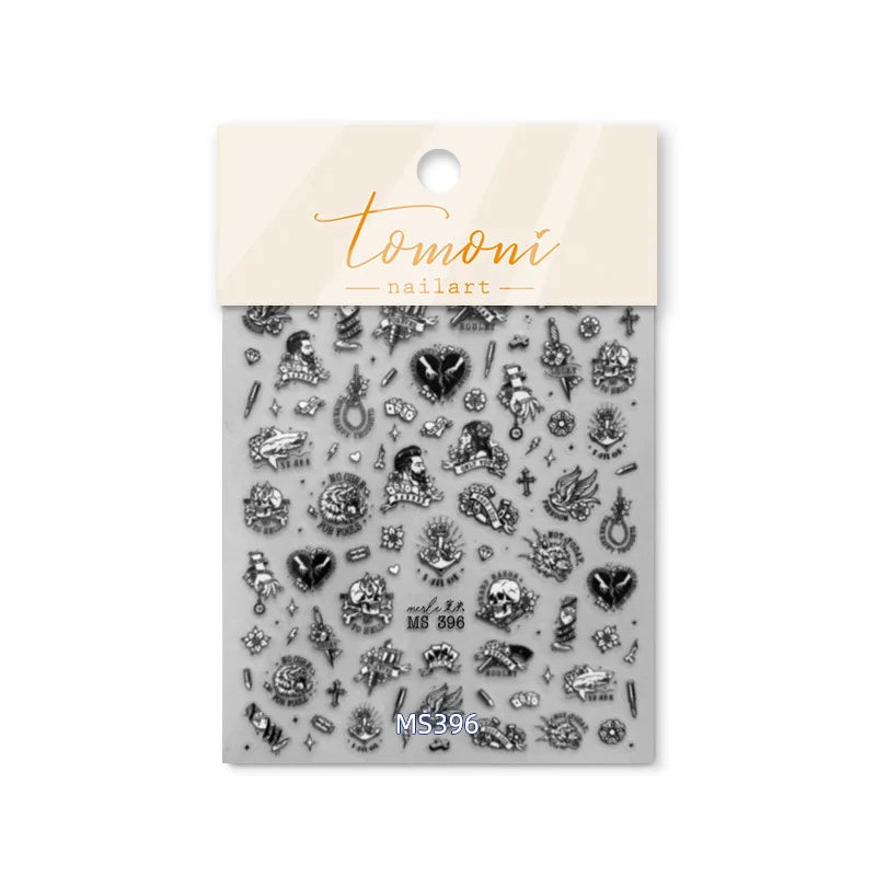 Retro Black Line Skull Man Woman 5D Embossed Relief Self Adhesive Nail Art Sticker Bear Bunny Hand Bird Horror 3D Manicure Decal (Online Order Only)