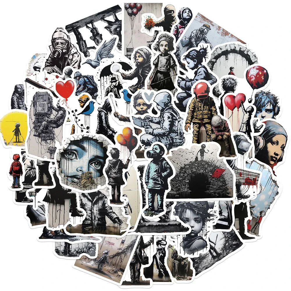10/30/50pcs Cool Banksy Street Art Graffiti Stickers Cartoon Decals Laptop Scrapbook Phone Suitcase Car Waterproof Sticker Toys (ONLINE ORDER ONLY)