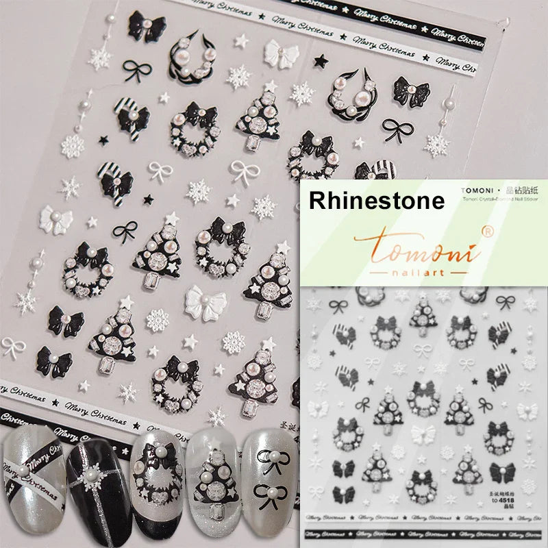 Bowknot Glove Socks Elk House Gingerbread Man Self Adhesive Nail Art Stickers Snowflake Christmas Tree Rhinestone Manicure Decal (Online Order Only)