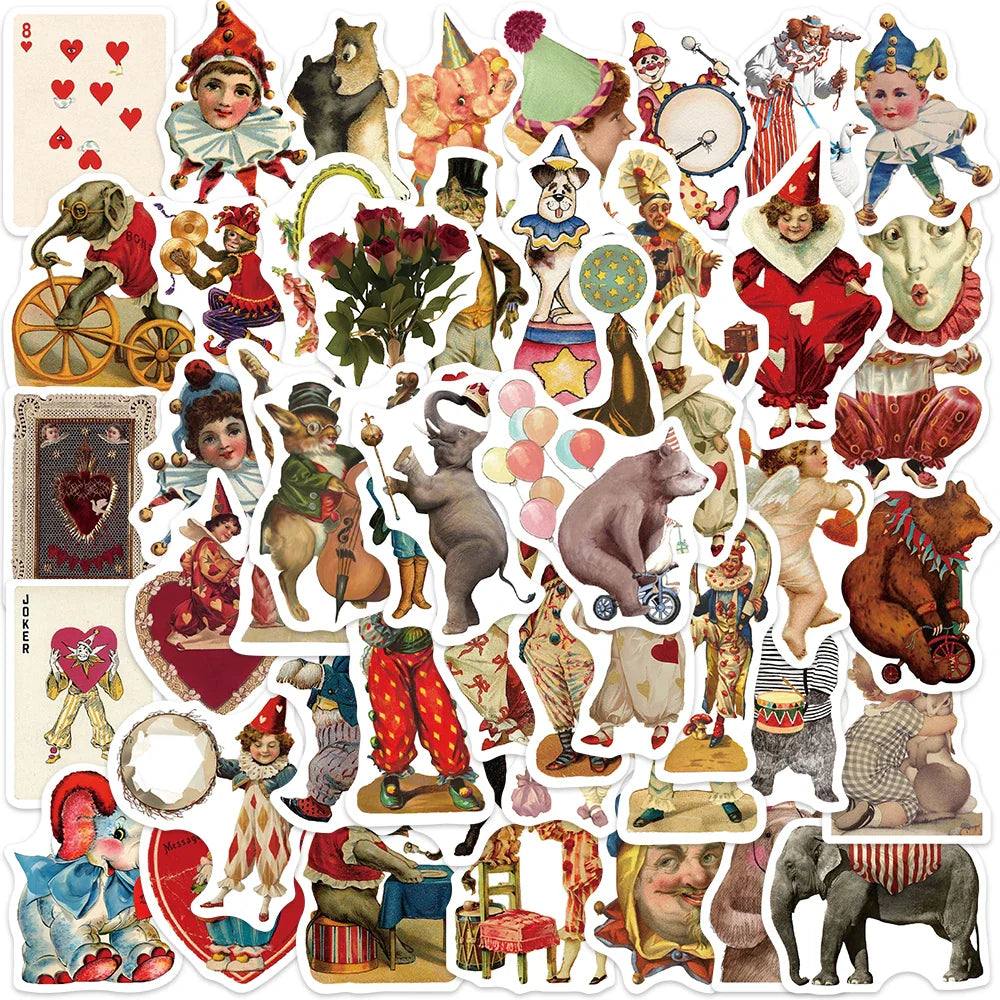 50PCS Vintage Circus Stickers Acrobatics Clown Retro Art Funny Aesthetic Graffiti Decals Scrapbook Laptop Bottle Sticker Gift (ONLINE ORDER ONLY)