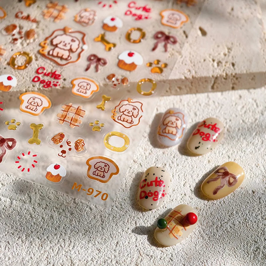 Lovely Dog Bone Bowknot Bread Graffiti Cake Cherry 3D Line Paw Adhesive Nail Art Stickers Cute Cartoon Manicure Decals Wholesale (ONLINE ORDER ONLY)