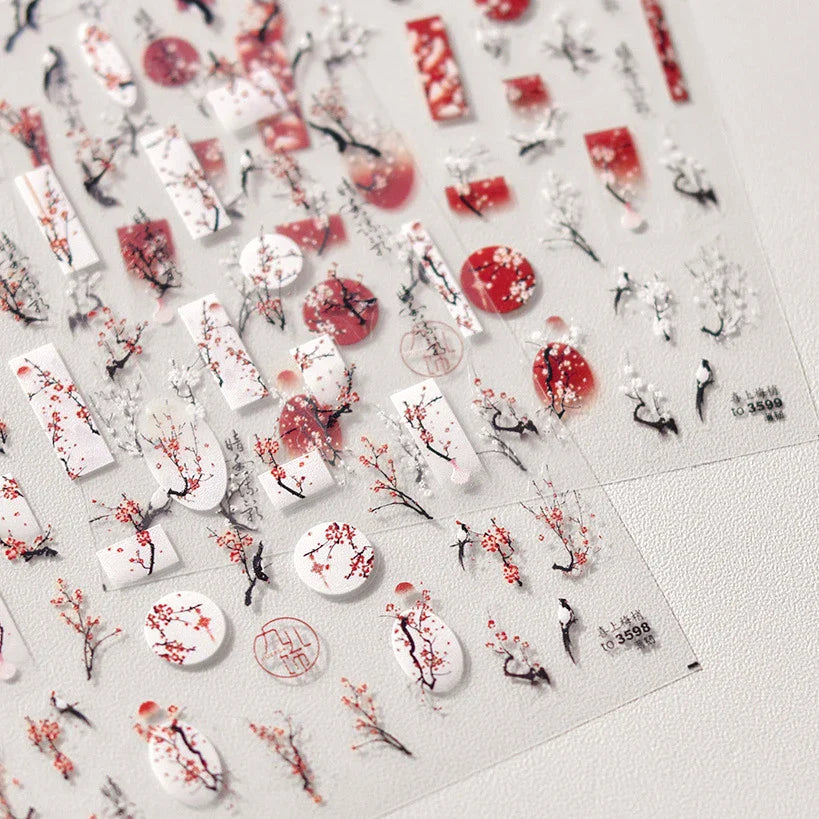 Red Plum Blossom Flower Chinese 3D Self Adhesive Nail Art Decoration Stickers Cheongsam Iris Lily Lotus Vase 5D Manicure Decals (ONLINE ORDER ONLY)