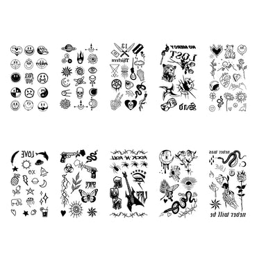 10pcs Waterproof Temporary Tattoo Sticker Dark Small Symbol Emoticon Flower Skull Body Art Arm Fake Tattoos Women Men Neck Hand (Online Order Only)