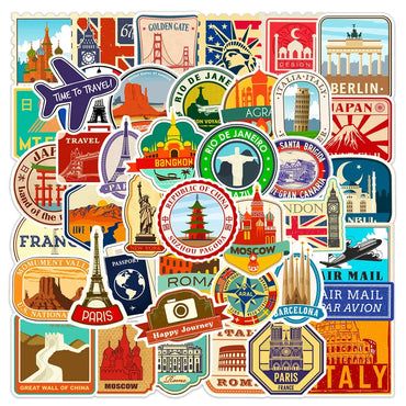 10/25/50pcs Retro World Travel Landmark Suitcase Stamps Sticker Packs (ONLINE ORDER ONLY)