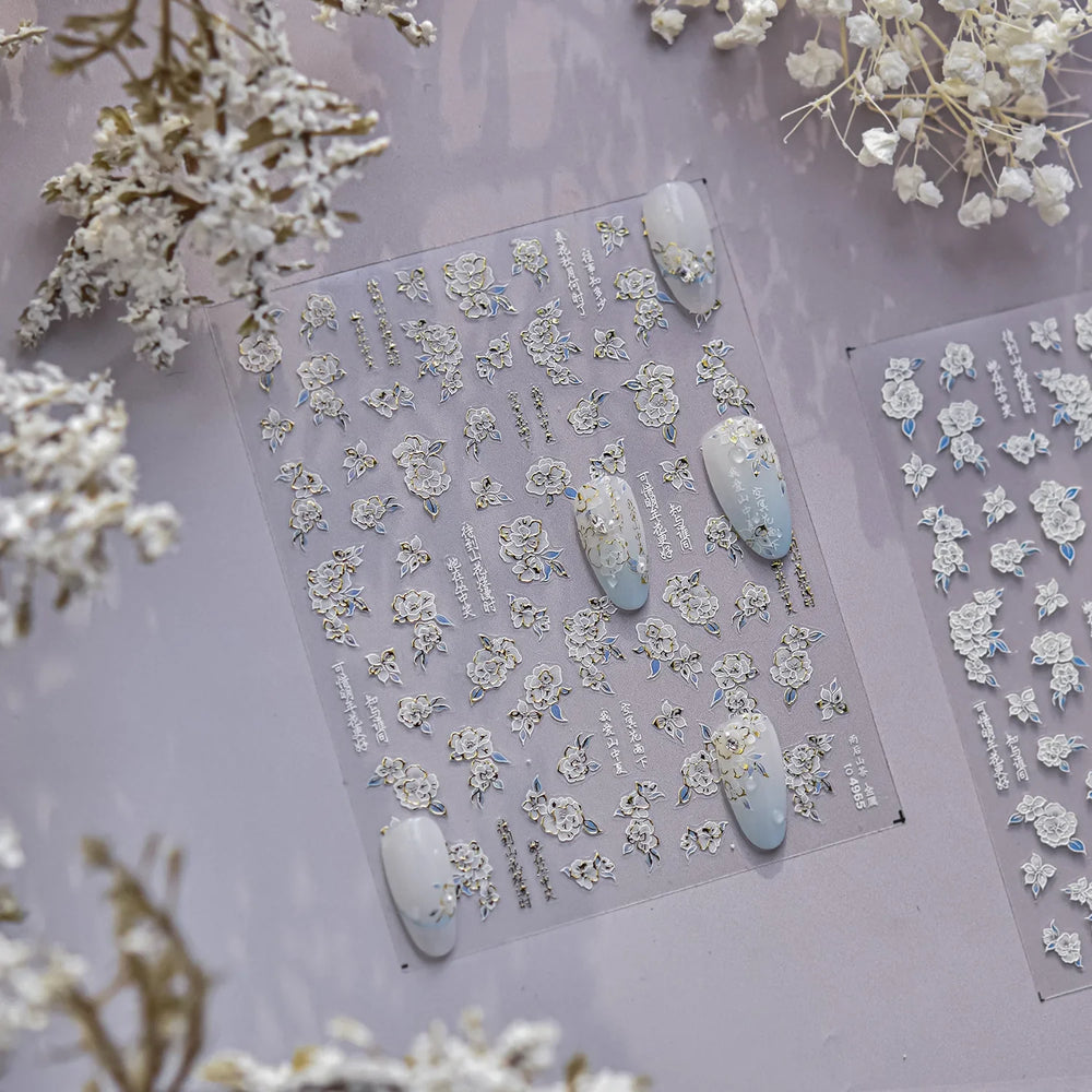 Camellia Tea After Rain Fragrant Flower Paint in Gold White Antique Chinese Characters Adhesive Nail Art Stickers Manicure Decal (ONLINE ORDER ONLY)