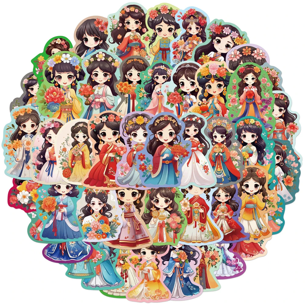 50Pcs Q Version Chinese Ancient Costume Flower Princess Girl Sticker for Kids Toy Decoration Guitar Luggage DIY Waterproof Decal (ONLINE ORDER ONLY)