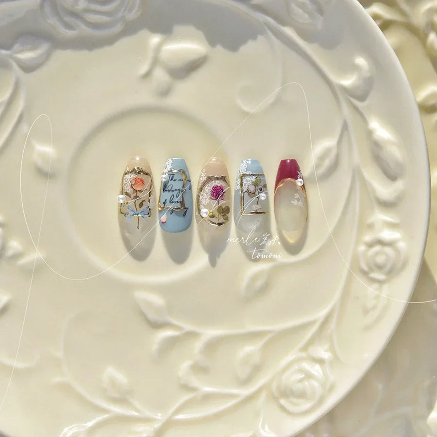 Chic Retro Rose Photo Frame Dried Flower Petal Self Adhesive Nail Art Stickers 5D Hot Stamping Relief Rhinestone Manicure Decals (Online Order Only)