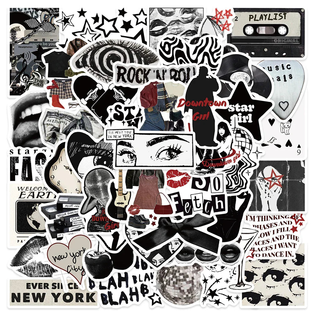 50pcs 90s 00s Retro Black and White Y2K Girls Aesthetic Stickers For Luggage Laptop Guitar Phone Diary Waterproof Vinyl Decals (ONLINE ORDER ONLY)