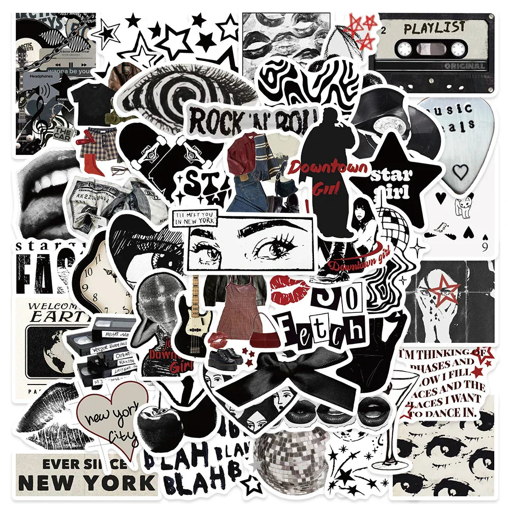 50pcs 90s 00s Retro Black and White Y2K Girls Aesthetic Stickers For Luggage Laptop Guitar Phone Diary Waterproof Vinyl Decals (ONLINE ORDER ONLY)
