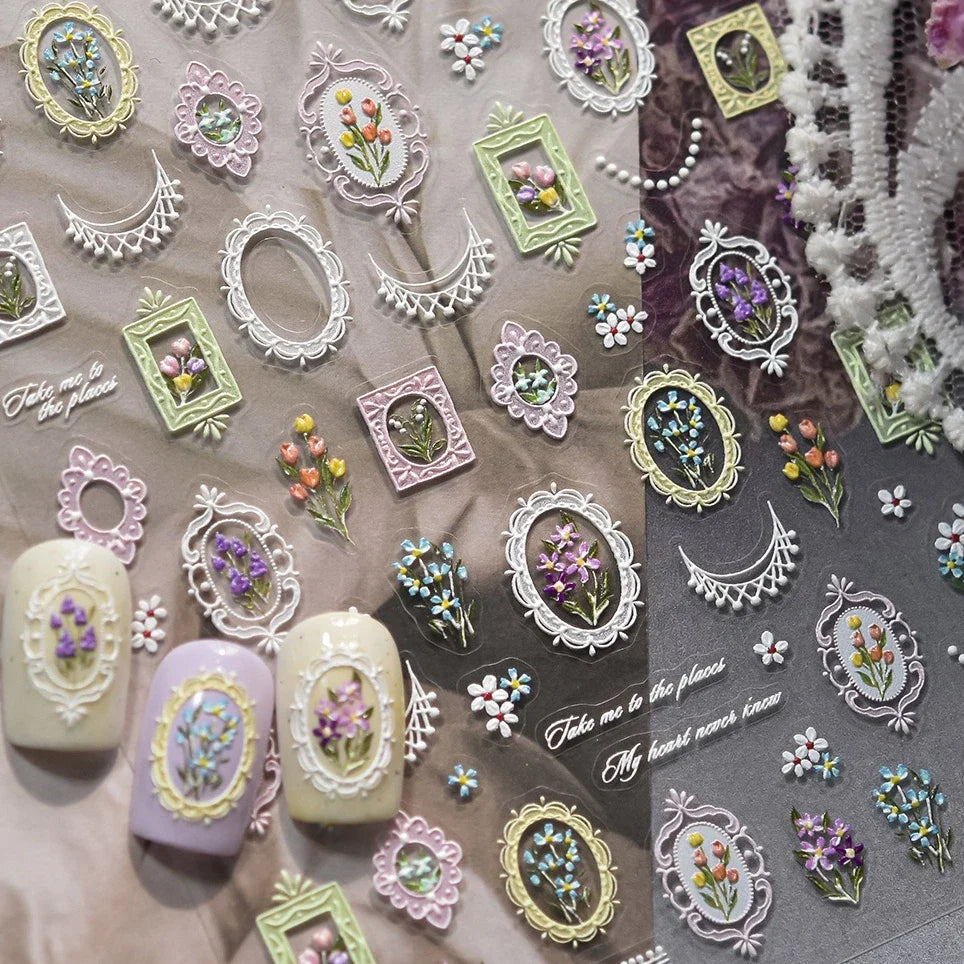 Retro European Flower Frame Gypsophila Bouquet Garden Charming Tulip Lavender Daisy Delicate Nail Art Stickers Manicure Decals (ONLINE ORDER ONLY)