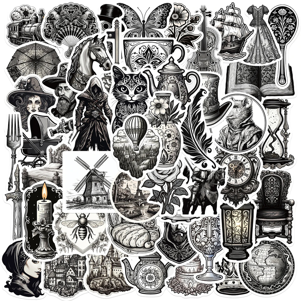 50PCS Black And White Medieval Style Sticker Graffiti Personality Trend Guitar Water Cup Computer Suitcase Sticker Wholesale﻿ (ONLINE ORDER ONLY)