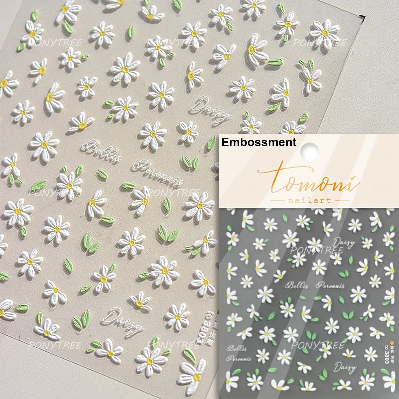 Rural Style White Daisy Flower Butterfly Small Wildflowers 5D Soft Embossed Relief Adhesive Nail Art Stickers 3D Manicure Decals (ONLINE ORDER ONLY)