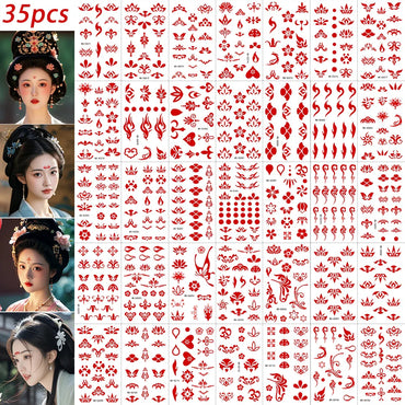 35pcs Eyebrow Flowers Stickers Red Dot Forehead Lotus Stickers Waterproof And Long Lasting Realistic Temporary Tattoo Stickers * (ONLINE ORDER ONLY)