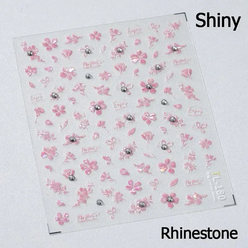Gradient Coloredful Flower Petal Green Leaf Dreamy Shiny Chinese Rose Fantasy Relief Adhesive Nail Art Stickers Manicure Decals (Online Order Only)