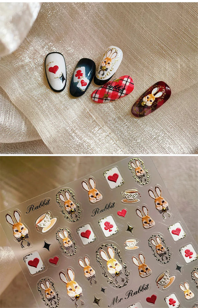Poker Cards Mr Rabbit Tilted Teacup Bunny Cup Heart Star Block Bow Tie Hot Stamping Adhesive Nail Art Stickers Manicure Decals (ONLINE ORDER ONLY)