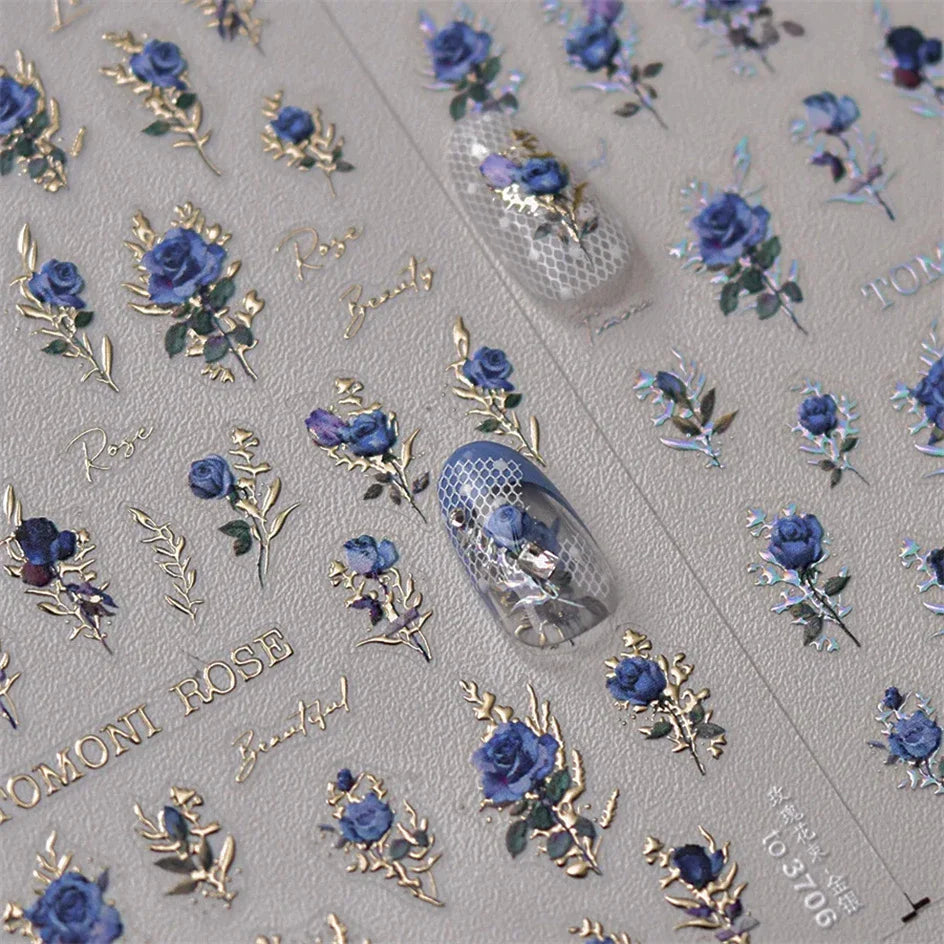 Japanese Vintage Red & Blue Rose Flower Laser Gold Silver Nail Stickers Nail Art Decal Design Manicure Tool High Quality (ONLINE ORDER ONLY)
