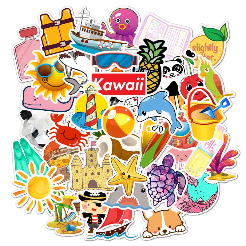 50pcs Cute Beach Graffiti Stickers for Helmet, Wall, DIY Decoration (ONLINE ORDER ONLY)
