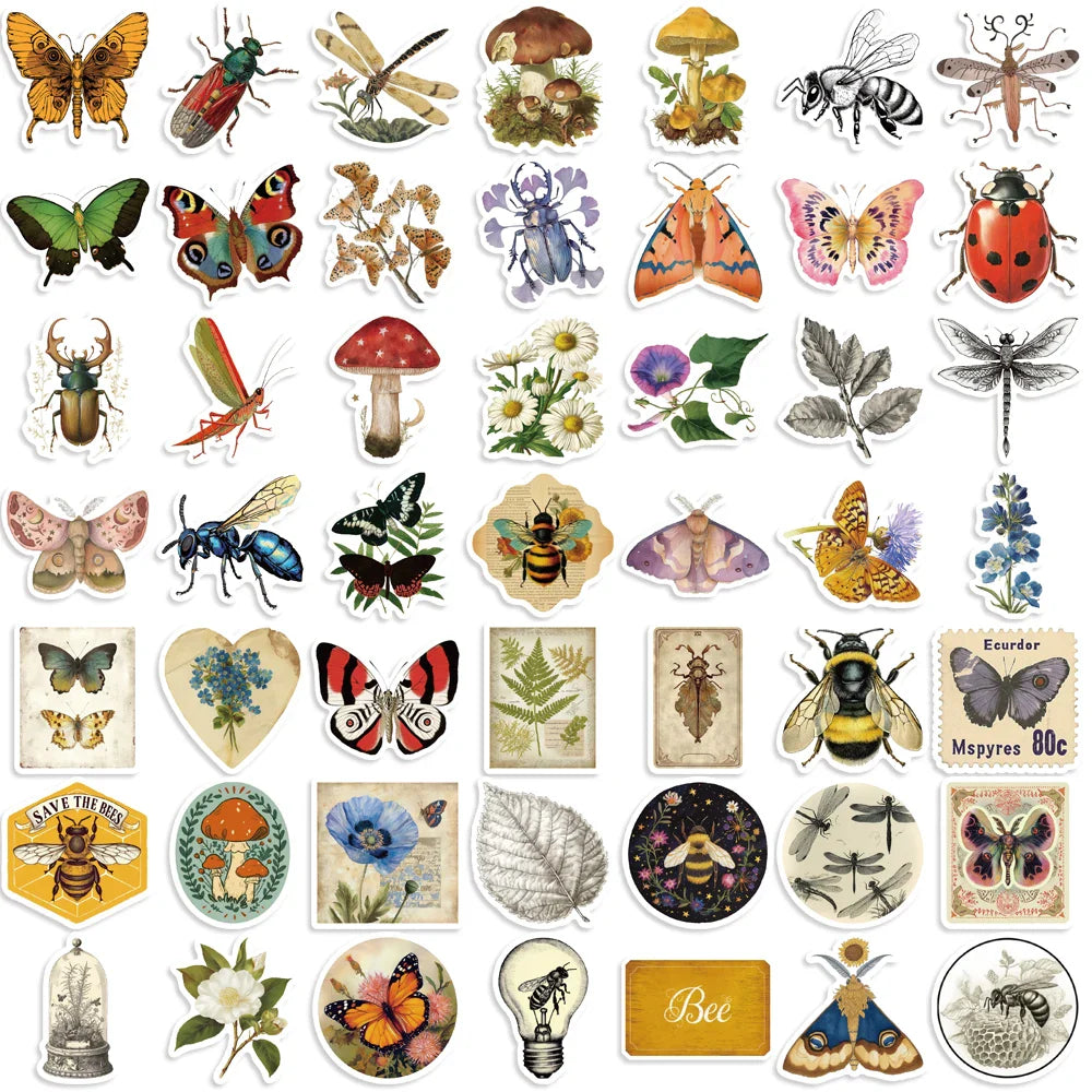 50pcs Retro Insects Stickers Toys Cute Animals Cartoon Decals For Kids DIY Laptop Scrapbook Stationery Fridge Funny Sticker (Online Order Only)