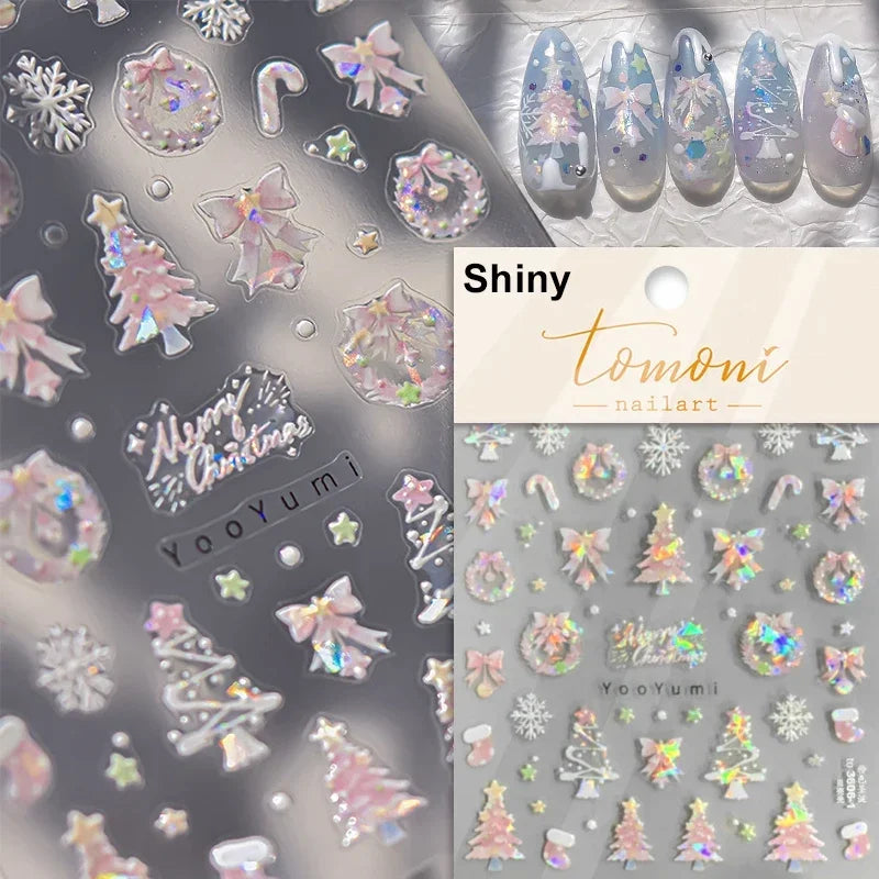 Shiny White Pink Blue Gold Snowflakes Hexagon Water Bubbles Winter 5D Self Adhesive Nail Art Stickers Rhinestone Manicure Decals (ONLINE ORDER ONLY)