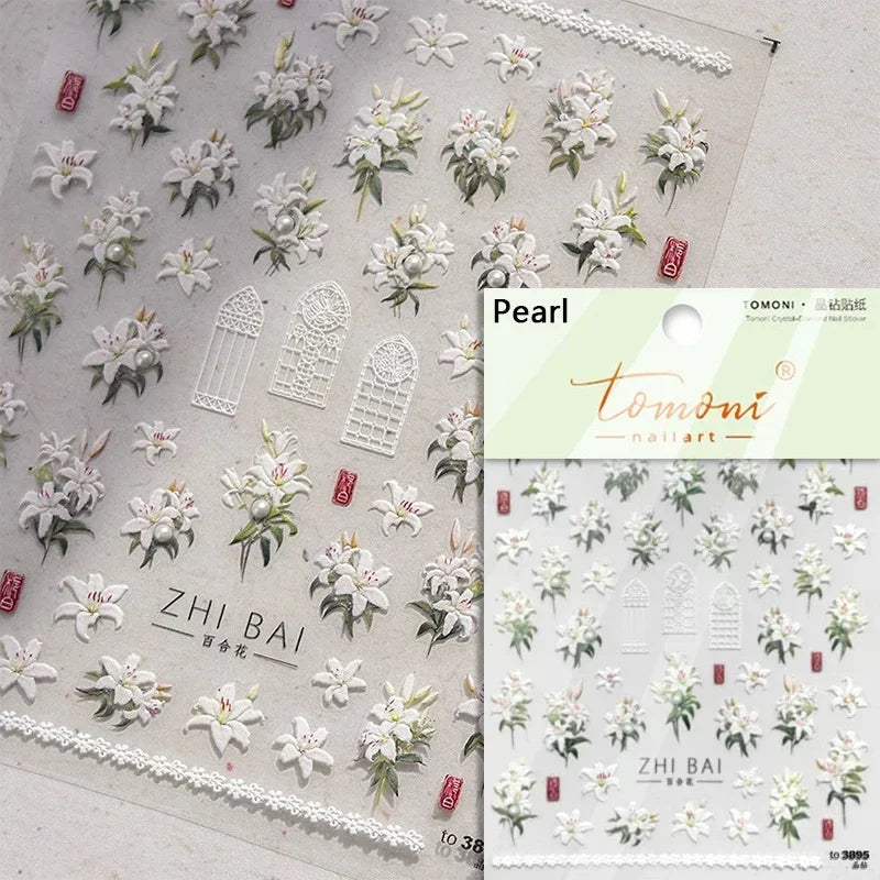 Gradient Coloredful Flower Petal Green Leaf Dreamy Shiny Chinese Rose Fantasy Relief Adhesive Nail Art Stickers Manicure Decals (Online Order Only)