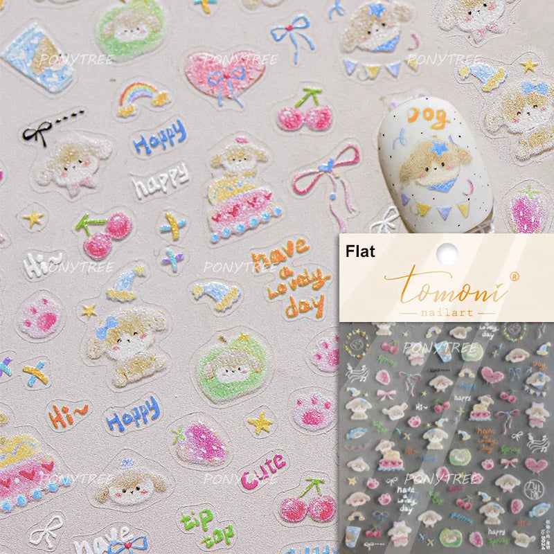 Small Animals Meeting Dog Cat Kitten Bowknot Cherry Butterfly Wreath Paw Star Hat Self Adhesive Nail Art Stickers Manicure Decal (ONLINE ORDER ONLY)