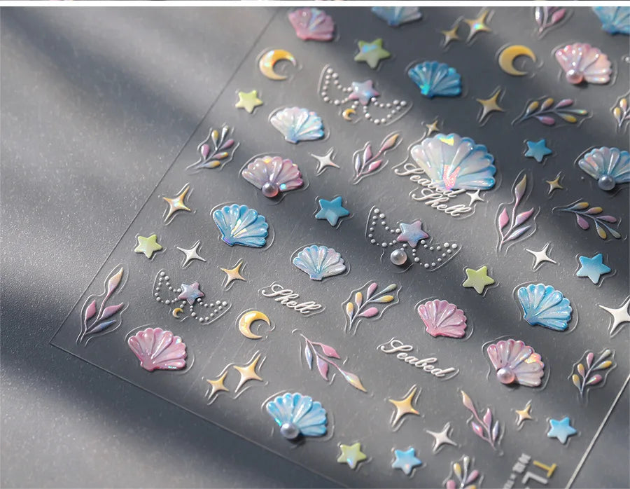 Romantic Pink Blue Shell Sea Grass Star Moon Summer Self Adhesive Nail Art Stickers Leaves Reliefs Manicure Decals Wholesale (ONLINE ORDER ONLY)