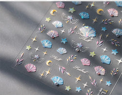Romantic Pink Blue Shell Sea Grass Star Moon Summer Self Adhesive Nail Art Stickers Leaves Reliefs Manicure Decals Wholesale (ONLINE ORDER ONLY)