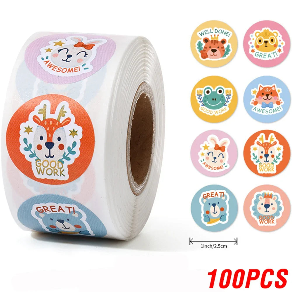 100-500 Pcs 1inch/2.5cm Animal Good Job Cool Stickers Roll for Envelope Praise Reward Student Work Label Stationery Seal Lable (ONLINE ORDER ONLY)