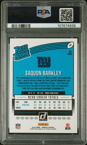 Graded 2018 Panini Donruss Saquon Barkley #306 Rookie RC Football Card PSA 9 Mint (ONLINE ORDER ONLY)