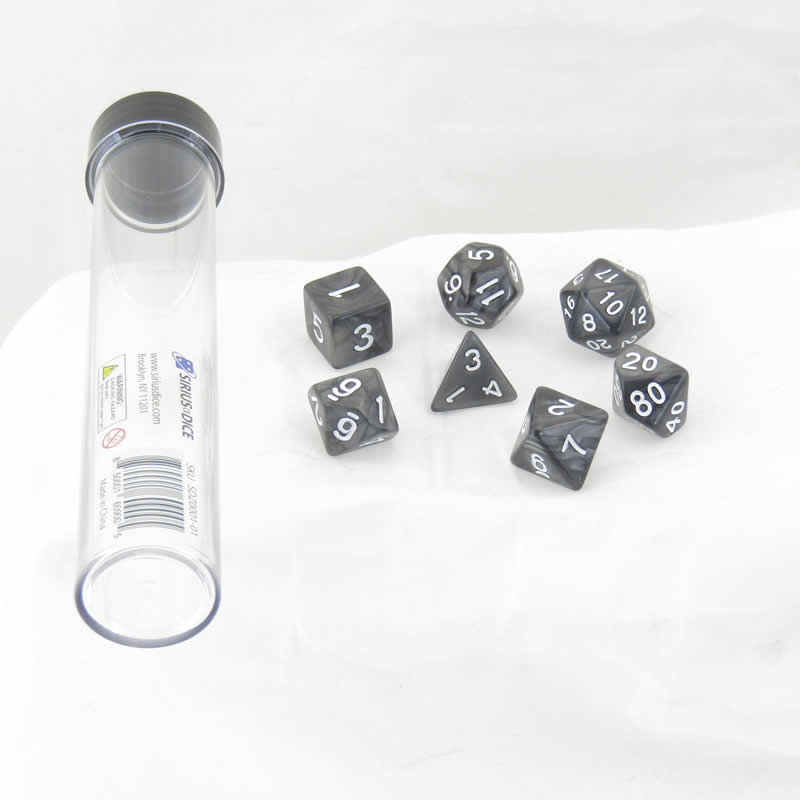 SDZ000101 Grey Pearl Acrylic Dice with White Numbers 16mm (5/8 inch) 7 Dice Set (ONLINE ORDER ONLY)