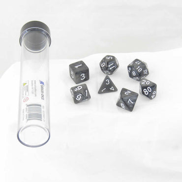SDZ000101 Grey Pearl Acrylic Dice with White Numbers 16mm (5/8 inch) 7 Dice Set (ONLINE ORDER ONLY)