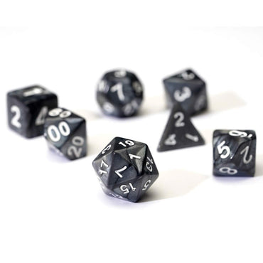 SDZ000101 Grey Pearl Acrylic Dice with White Numbers 16mm (5/8 inch) 7 Dice Set (ONLINE ORDER ONLY)