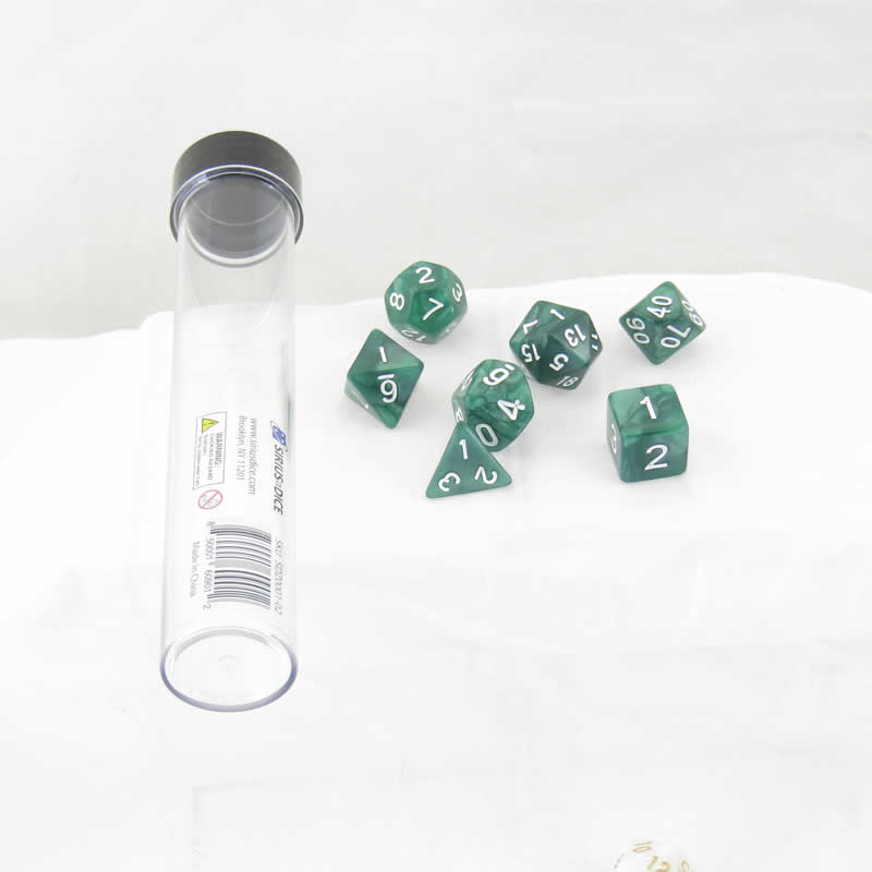SDZ000102 Green Pearl Acrylic Dice with White Numbers 16mm (5/8 inch) 7 Dice Set (ONLINE ORDER ONLY)