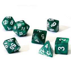 SDZ000102 Green Pearl Acrylic Dice with White Numbers 16mm (5/8 inch) 7 Dice Set (ONLINE ORDER ONLY)