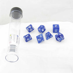 SDZ000103 Blue Pearl Acrylic Dice with White Numbers 16mm (5/8 inch) 7 Dice Set (ONLINE ORDER ONLY)