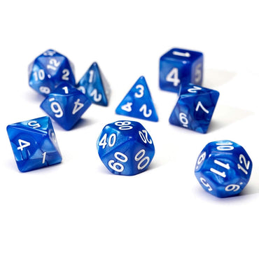 SDZ000103 Blue Pearl Acrylic Dice with White Numbers 16mm (5/8 inch) 7 Dice Set (ONLINE ORDER ONLY)